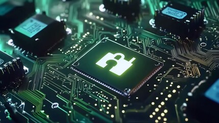 Digital technology background with glowing circuit board and a lock icon illuminated on a chip