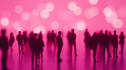 Silhouetted figures against a pink backdrop.