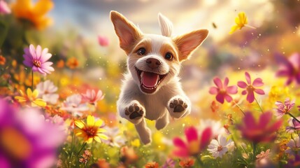 A joyful dog running through a vibrant flower meadow.