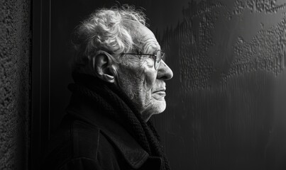 Black and white portrait of an elderly man with glasses, reflecting against a textured wall, side profile, deep in thought.