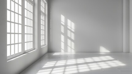 Fototapeta premium Bright empty room with large windows casting sunlight and shadows on the floor. Minimalist interior design ready for use.