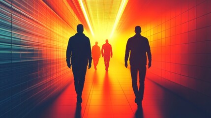 Fototapeta premium Silhouetted figures walk through a vibrant tunnel.
