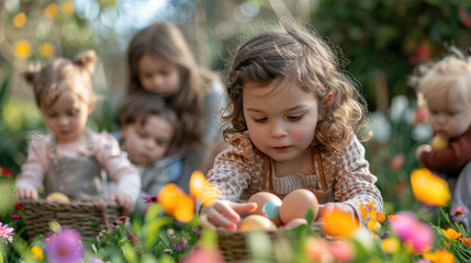 Children enjoying an outdoor Easter egg hunt in a blooming garden on a sunny day.