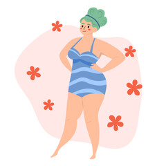 Beautiful woman bikini posing with flowers behinds. Body positive and love your body