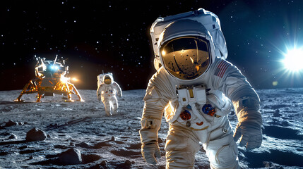 Two astronauts are navigating the moon's surface as they approac
