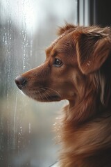 A dog gazing thoughtfully out of a rainy window.