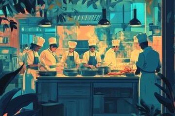 A team of chefs in a bustling kitchen, preparing a gourmet meal together.