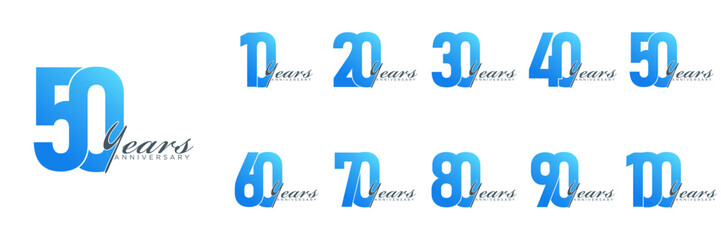 set anniversary 10 to 100 year logo designs. abstract number, icon, vector illustration