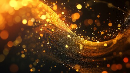 A digital wave of golden glowing fluid dots moving on a dark background design