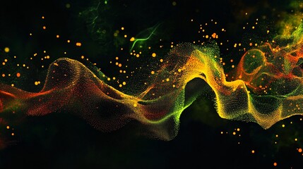Digital Wave of Glowing Fluid Dots Moving in Dark Space with Red Yellow Green Colors