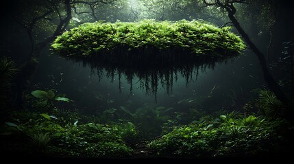 Obraz premium Floating green island surrounded by dense forest, with soft light filtering through trees