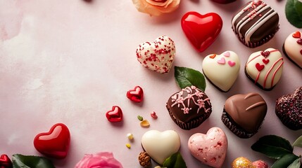 Assorted Heart-Shaped Chocolates and Candy on Pink Background for Sweet and Romantic Celebrations : Generative AI