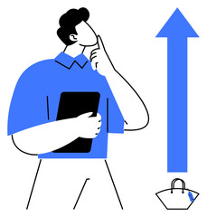 Man pondering while holding a tablet beside an upward arrow and a shopping bag. Ideal for business growth, decision making, e-commerce, shopping, personal development, strategic planning, innovation