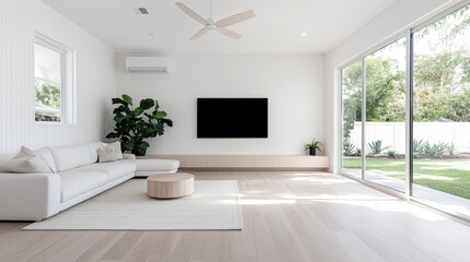 Modern living room with large windows, garden view,  sunlit floor, home interior design