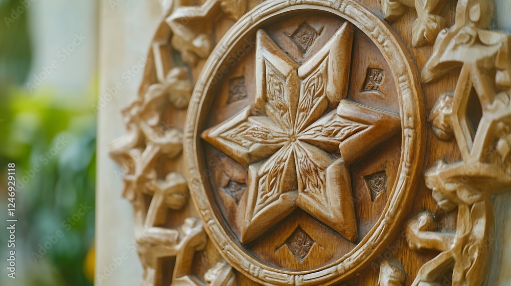 Poster close-up of ornate wooden carving with geometric patterns and star design : generative ai
