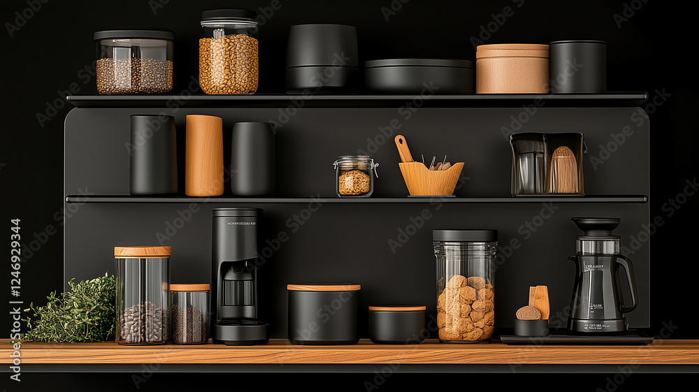 Wall mural Modern kitchen shelf with black and wooden storage containers, coffee maker, and decorative items, creating stylish and organized look