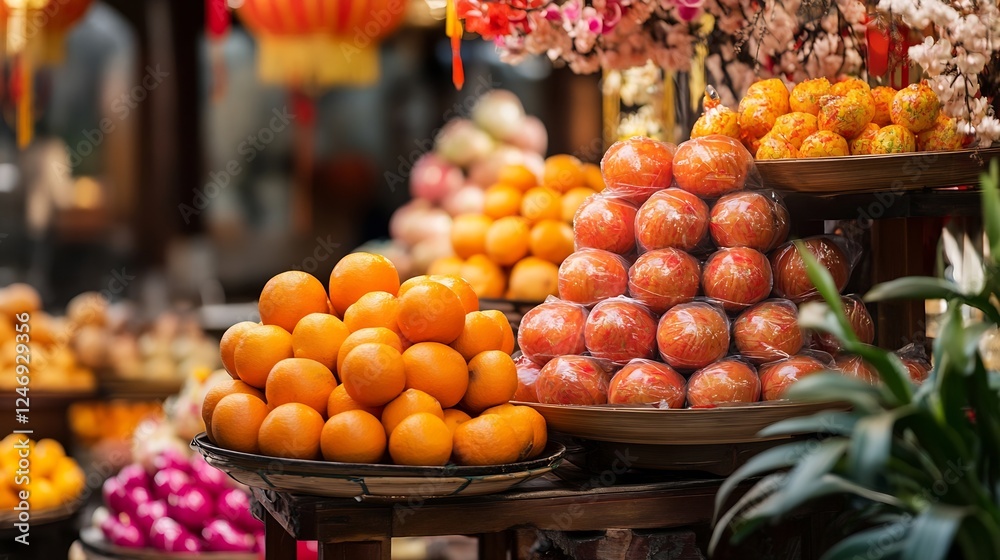Aufkleber exquisite display of fresh oranges in a traditional market setting : generative ai