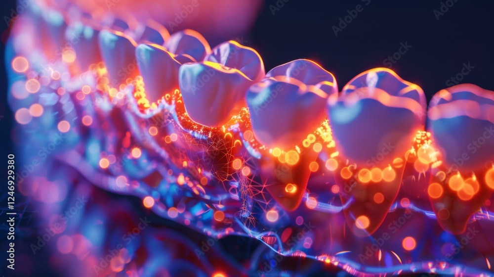 Poster detailed view of a dental model highlighting the structure of teeth with illuminated edges, demonstr