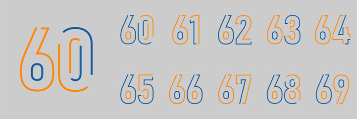 set anniversary 60 to 69 year logo designs. abstract number, icon, vector illustration
