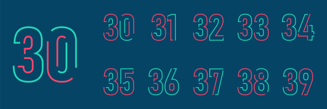 set anniversary 30 to 39 year logo designs. abstract number, icon, vector illustration