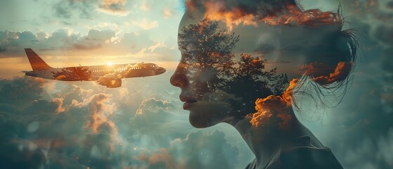 Double exposure, a person on the background of a plane 
