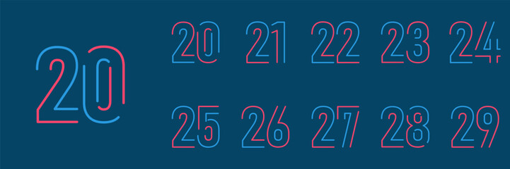 set anniversary 20 to 29 year logo designs. abstract number, icon, vector illustration