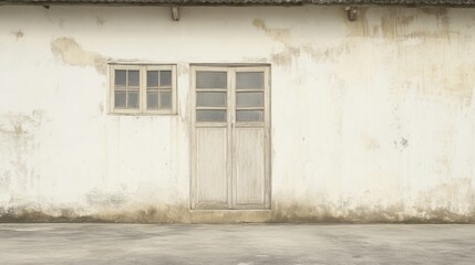 Naklejka premium Old weathered building exterior, door, window, textured wall, rural setting, design background