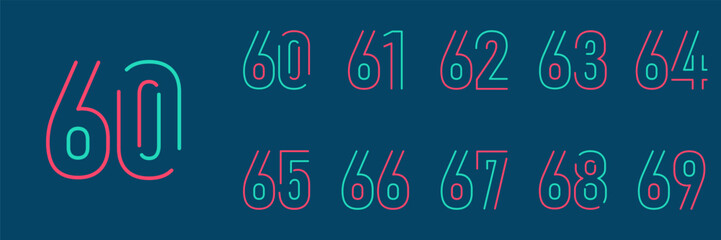 set anniversary 60 to 69 year logo designs. abstract number, icon, vector illustration