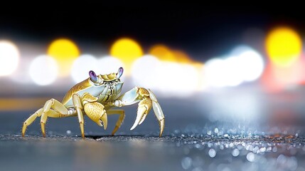 Fototapeta premium Nighttime Crab on Asphalt: A Close-Up of a Small Crab in a City Setting