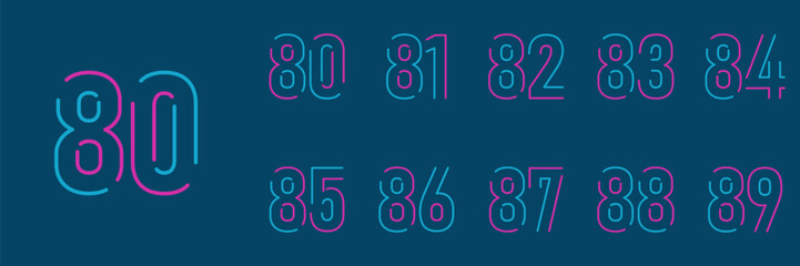 set anniversary 80 to 89 year logo designs. abstract number, icon, vector illustration