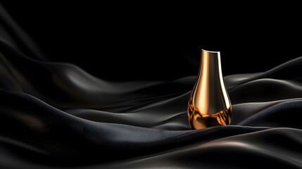 A gold-plated beauty product bottle, resting in a sea of black silk with soft shadows and elegant reflections.