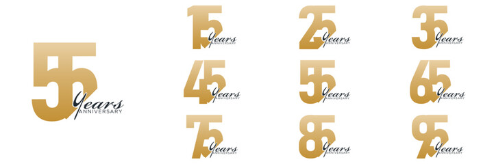 set anniversary 15 to 95 year logo designs. abstract number, icon, vector illustration