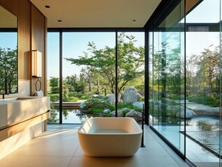 Fototapeta premium A large white bathtub sits in a bathroom with a large window