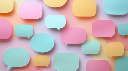 colorful empty paper cut speech bubbles on pastel background. Communication, information, gossip, creative ideas and thoughts template