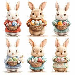 Obraz premium Easter stickers featuring cute bunnies holding baskets of colorful decorated eggs in outfits