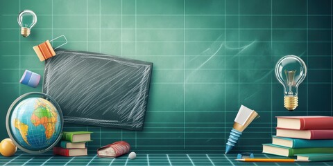 Back to School: Classroom Essentials and Educational Supplies on a Green Chalkboard Background