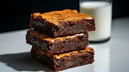 Deliciously stacked brownies beside a glass of milk on a clean surface, showcasing indulgence