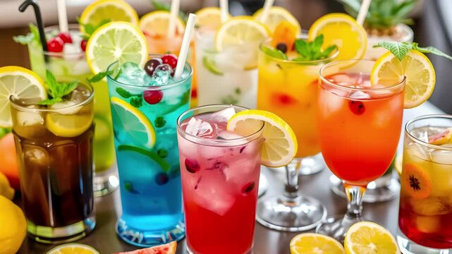 A colorful assortment of refreshing iced drinks with lemon slices and straws, set against a vibrant background. The drinks vary in color, including red, orange, and clear, with garnishes like mint.