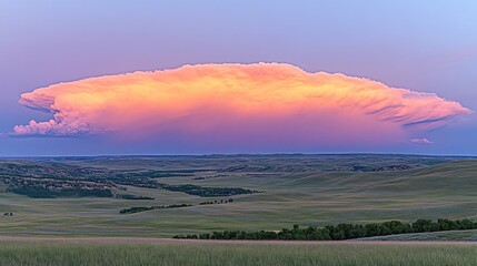 Majestic Sunset over the Plains: A breathtaking view of a massive shelf cloud during sunset, casting a warm, golden glow over the vast grasslands.