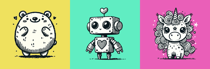 Fototapeta premium Cute Cartoon Illustrations of a Bear, Robot, and Unicorn on Bright Colorful Backgrounds