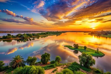 Obraz premium Panoramic Niger River Sunset in Niamey, Niger - Breathtaking African Landscape