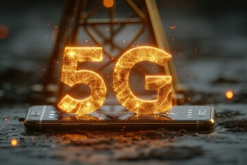 Smartphone with glowing 5g logo and telecom tower, illustrating cutting edge network technology.