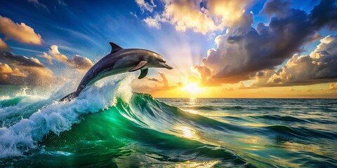Fototapeta premium Panoramic Ocean Wave: Graceful Dolphin Leap - Stunning Wildlife Photography