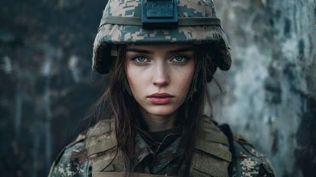 A young woman dressed in military camouflage fatigues and a helmet stands confidently, embodying strength and readiness. Her focused expression reflects a commitment to serve and protect her nation