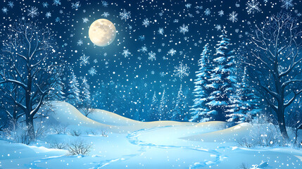 Fototapeta premium Serene Winter Landscape Under Moonlight: Frozen Night with Snowfall, Trees, and Vibrant Stars in a Peaceful Outdoors, Magical Whimsical Atmosphere, Tranquil Scenery and Enchanting Wilderness