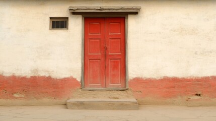 Rustic red door, weathered wall, village setting, travel photography