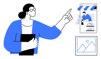 Person holding a folder and pointing to a mobile storefront representing online shopping. Ideal for e-commerce, digital marketing, customer engagement, mobile apps, virtual shopping, business growth