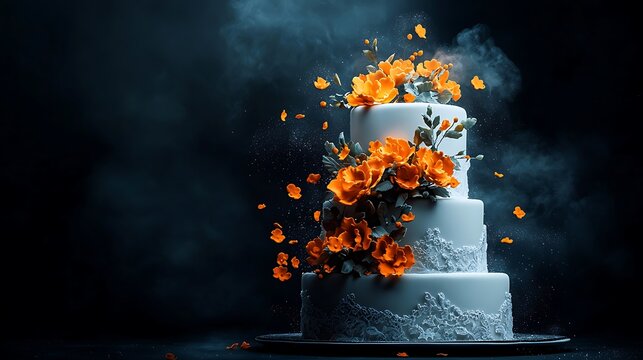 Elegant orange-flower wedding cake, dark background, celebration