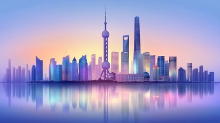 Obraz premium Stunning city skyline at sunset with reflections.