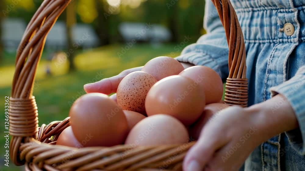 Poster farm worker presenting a wicker basket full of brown eggs in slow motion, showcasing the result of t